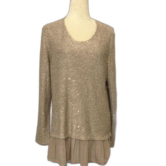 Alfani Sweater Women’s Size XL Color Tan Silver Brown with Rose Gold Sequences - Picture 1 of 9